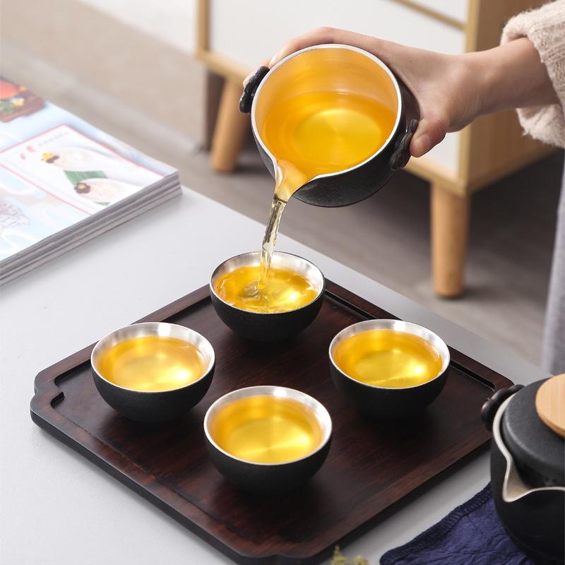 Bộ tách trà bằng gốm nung ONGTRE cầm tay túi da phù hợp mang đi làm, du lịch