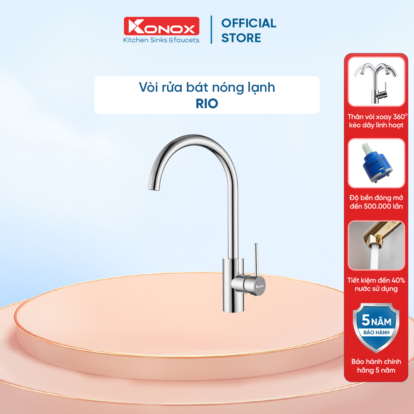 Vòi rửa bát xoay 360 KONOX RIO - Hợp kim đồng 61% tiêu chuẩn Châu Âu CW617N, bề mặt xử lý công nghệ PVD Chrome 5 lớp