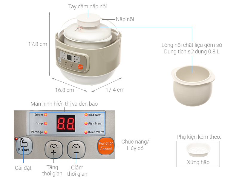 Nồi nấu chậm Bear DDZ-A08D1- Lòng nồi gốm sứ  dung tích 0.8 Lít - 6 chúc năng nấu - Chức năng hẹn giờ 9.5 tiếng - Hàng chính hãng