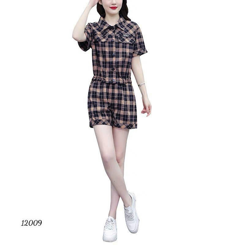 Set bộ cotton lụa dày sọc nữ quần ngắn mặc nhà dạo phố phối nâu đen trẻ trung