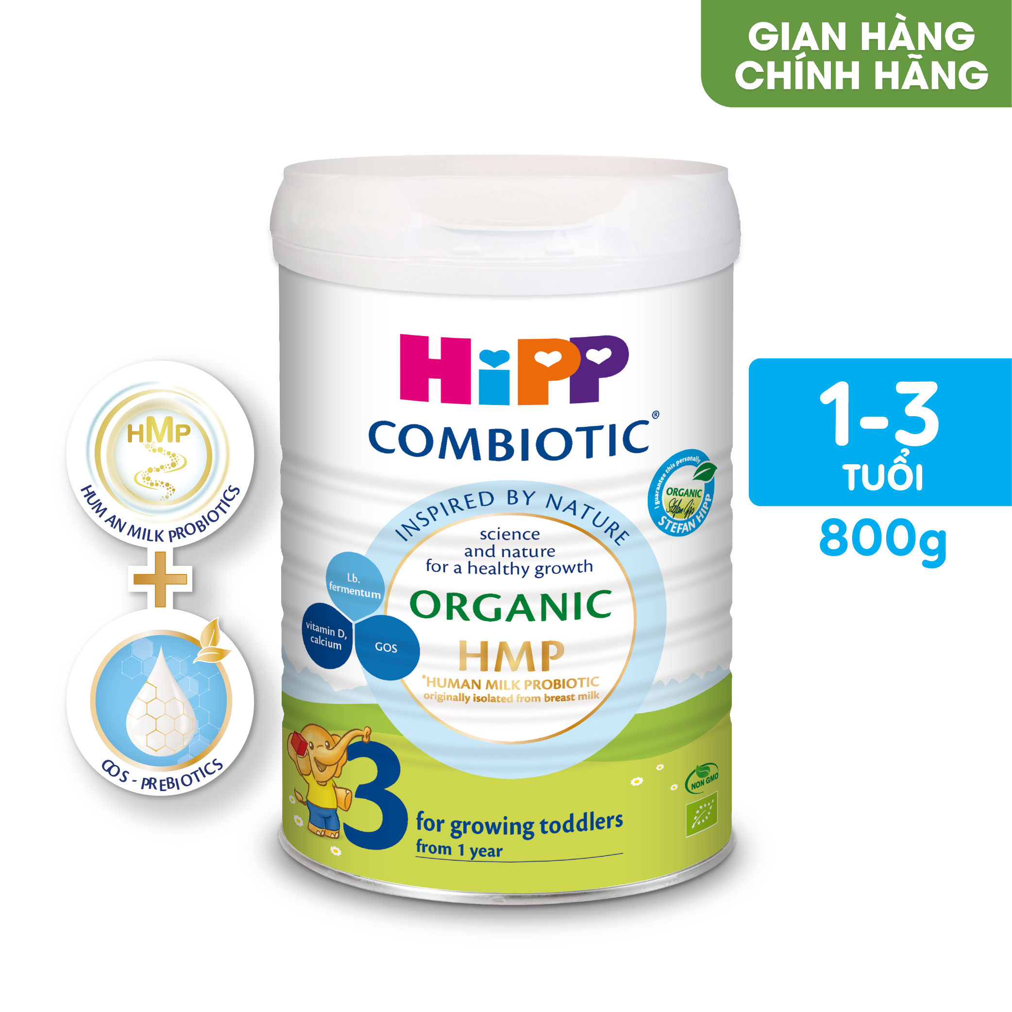 Thùng 4 lon sữa bột dinh dưỡng công thức HiPP 3 Organic Combiotic chất lượng hữu cơ tăng cường sức khoẻ hệ miễn dịch, bổ sung Canxi và vitamin D dành cho trẻ trên 12 tháng tuổi (4 lon x 800g)