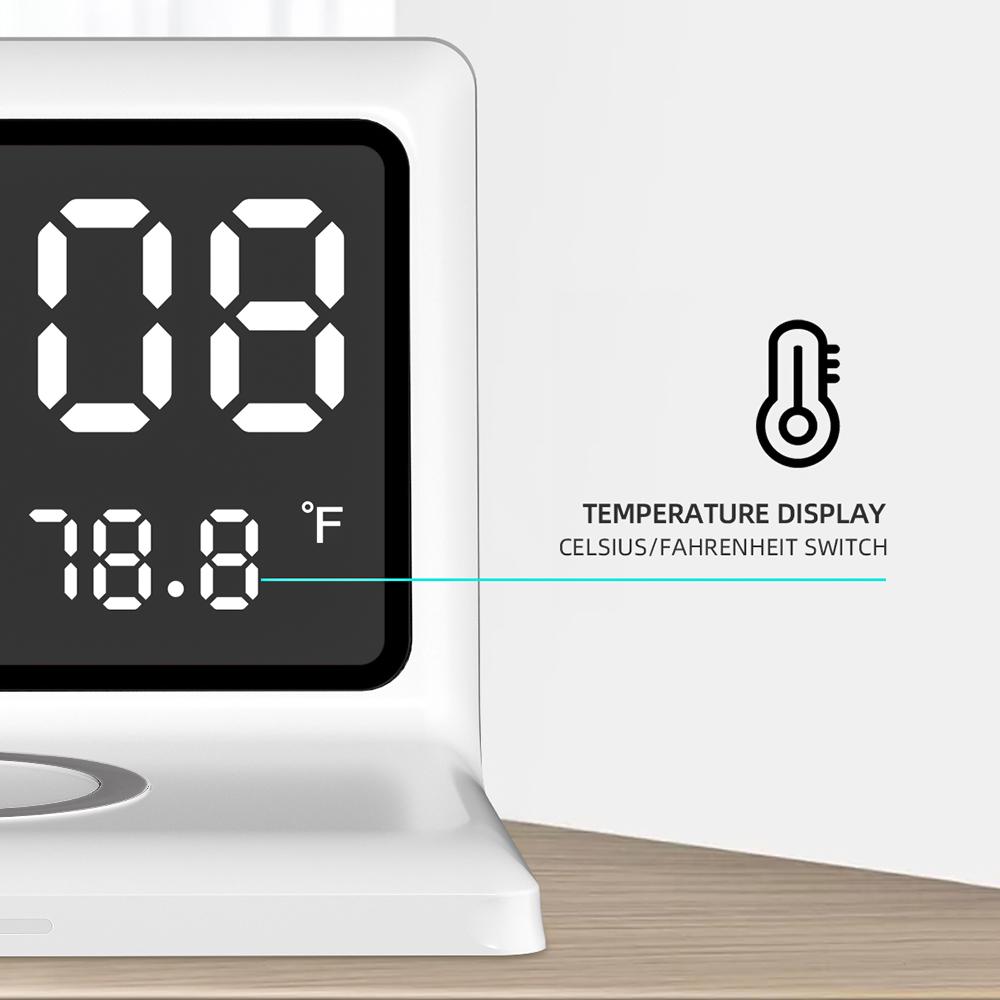 Digital Mirror Clock 15W Wireless Charging Alarm Clock with Large Dimmable Display Screen Snooze Function USB Output