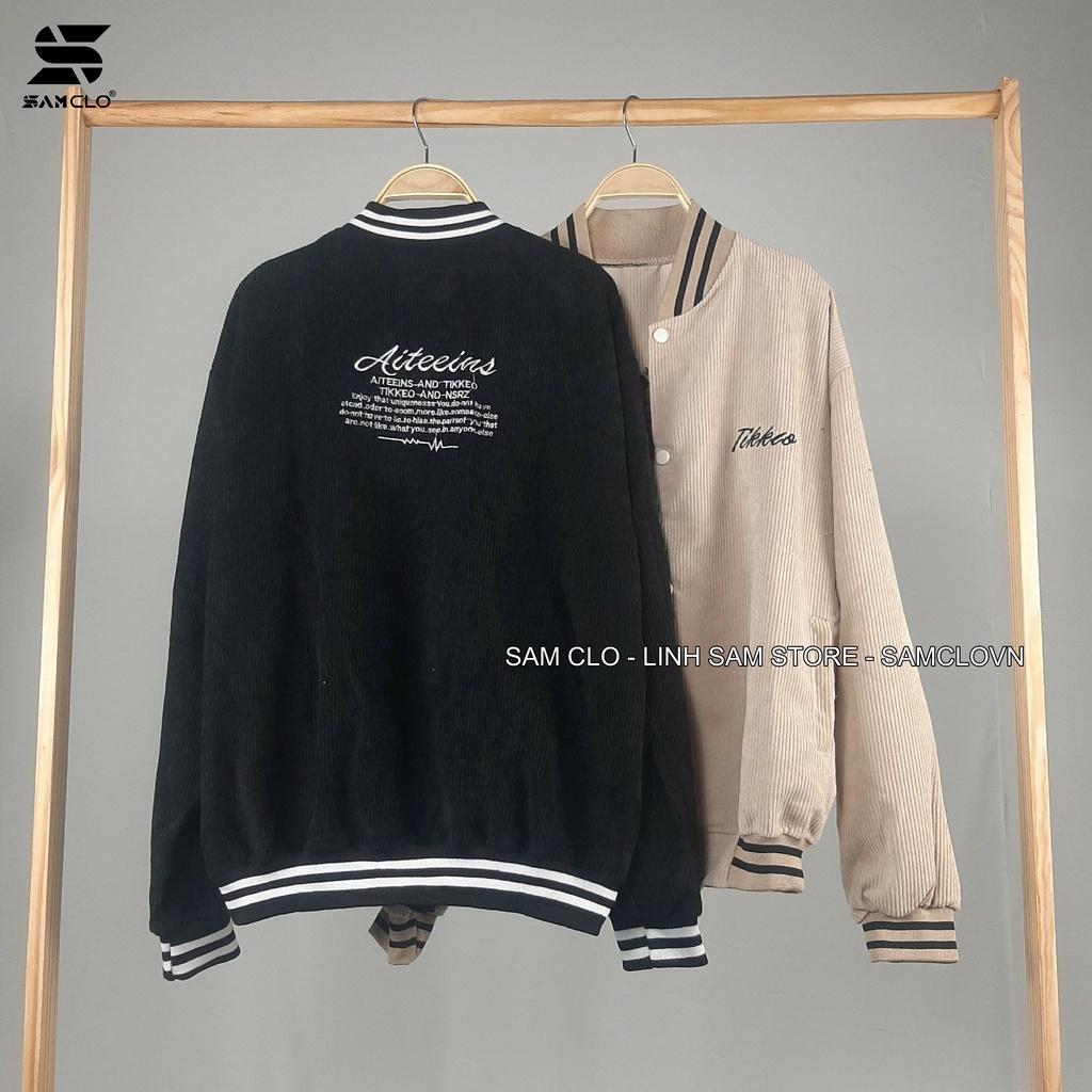 Áo khoác NHUNG BOMBER BÓNG CHÀY CÀI NÚT freesize SAM CLO form rộng nam nữ unisex mặc cặp - couple THÊU CHỮ TIKKEO