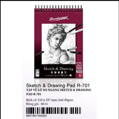 Tập sketch - tập giấy vẽ gáy lò xo 90gsm Renaissance A4 R701