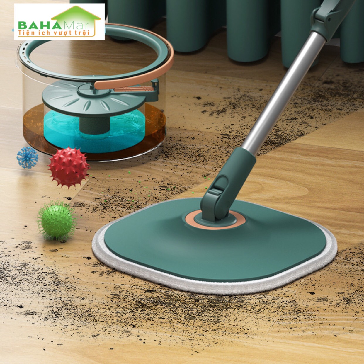 BỘ CÂY LAU NHÀ TIẾT KIỆM SỨC LAO ĐỘNG VÀ XÔ XOAY TRÒN PHÂN TÁCH NƯỚC THẢI "BAHAMAR" Nước sạch giặt giẻ lau và xoáy loại bỏ nước bẩn ra chậu ngoài một cách tách biệt luôn