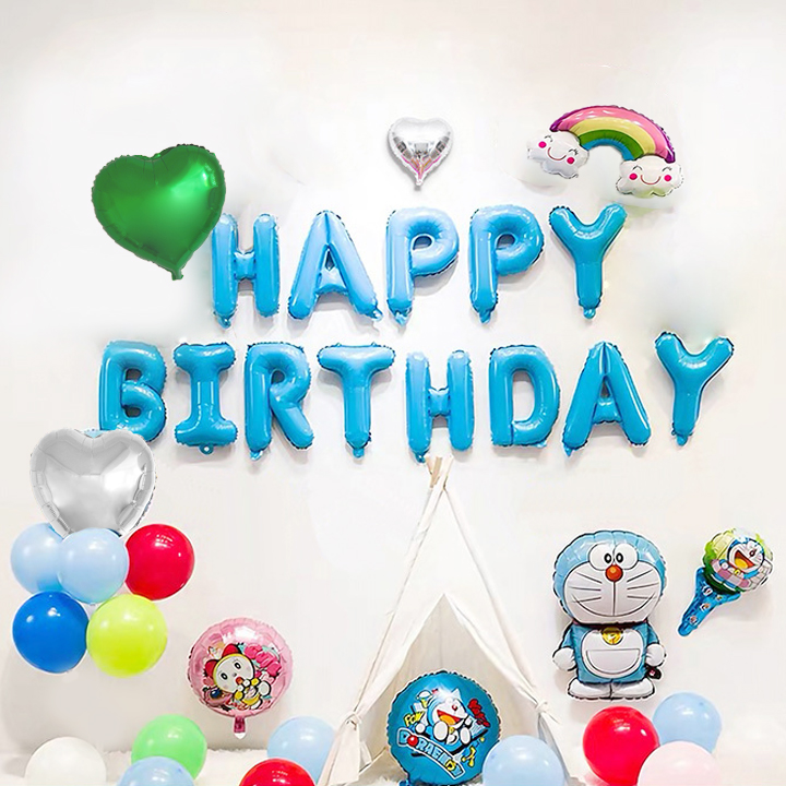 Bong bóng Happy Birthday trang trí sinh nhật thôi nôi mẫu doraemon cho các bé - Phụ kiện tiệc tùng cho bé trai bé gái