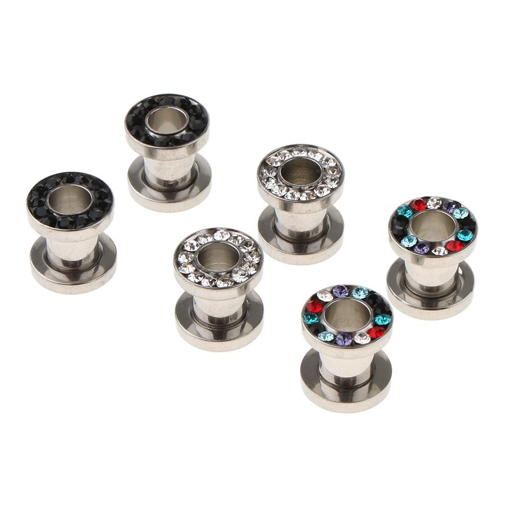 Set of 6 Ear Gauges Plug Expander Rhinestone Tunnel Piercing Jewelry 6mm
