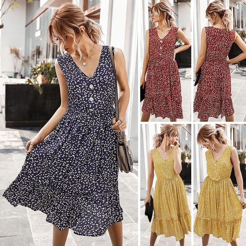 Fashion Women Summer Floral Print Dress V Neck Sleeveless Button High Waist Ruffles Bohemian Holiday Dress