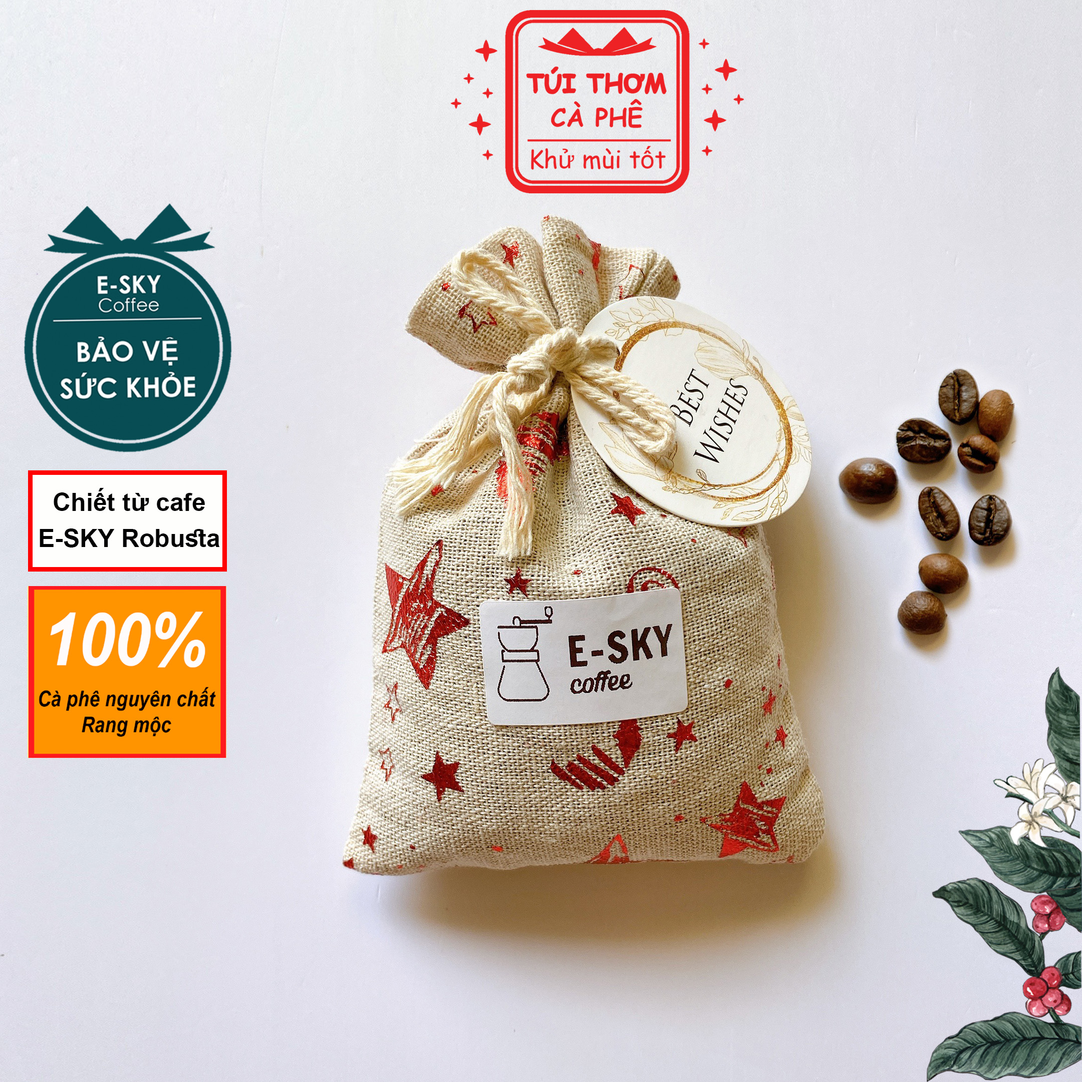 Túi Thơm Cafe E-SKY Coffee Khử Mùi Ô Tô, Tủ Lạnh, Vải Canvas Noel 100gr