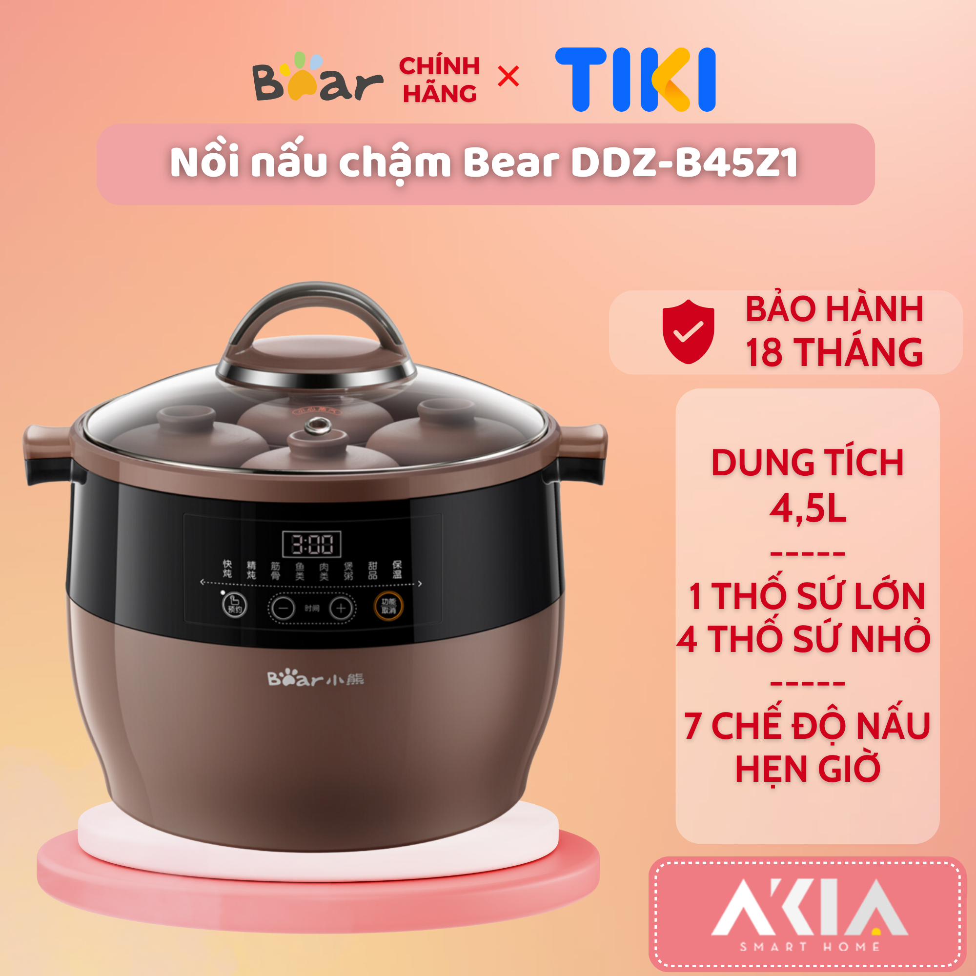 Nồi nấu chậm tử sa đa năng 4.5L Bear DDZ-B45Z1 - Tặng kèm 1 Thố sứ lớn và 4 Thố sứ nhỏ, Hầm thức ăn mềm, Hẹn giờ - Hàng Chính Hãng