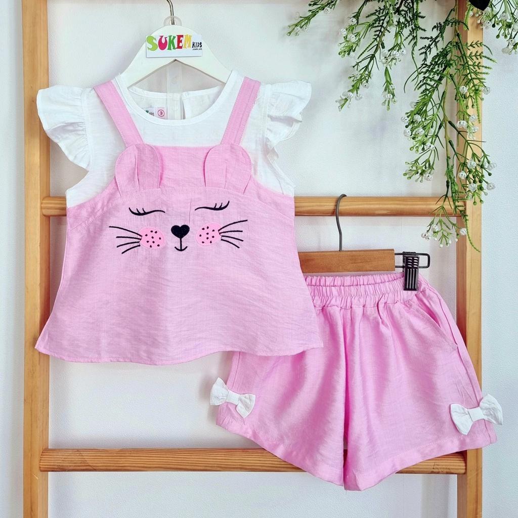 Bộ lụa linnen bé gái kiểu giả yếm mèo xinh quần nơ điệu đà