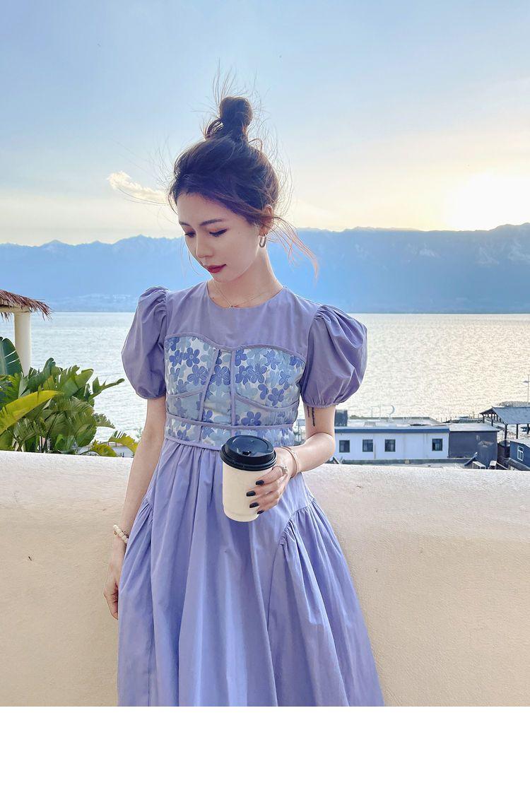 SHUANGYAN Thời trang nối giả hai bong bóng tay áo khí chất ngắn tay áo đầm phụ nữ 2022 mùa hè thiết kế cảm giác váy dài trung bình