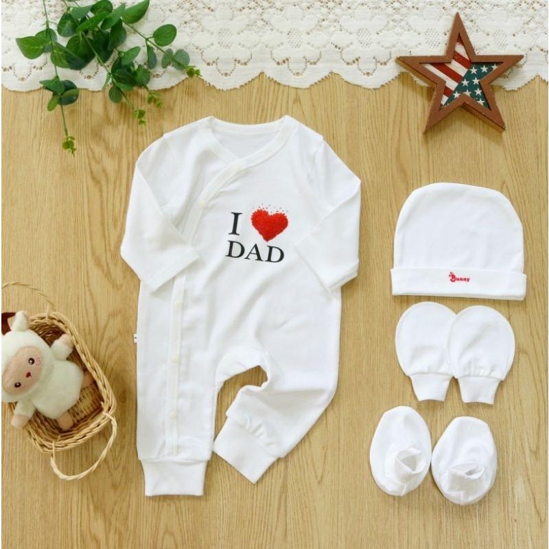 [Dưới 6kg] Set Body Dài in họa tiết I Love Mom, I Love Dad Kèm Nón Bao Tay Bao Chấn Cho Bé Sơ Sinh - Bunnybaby - I Love Dad