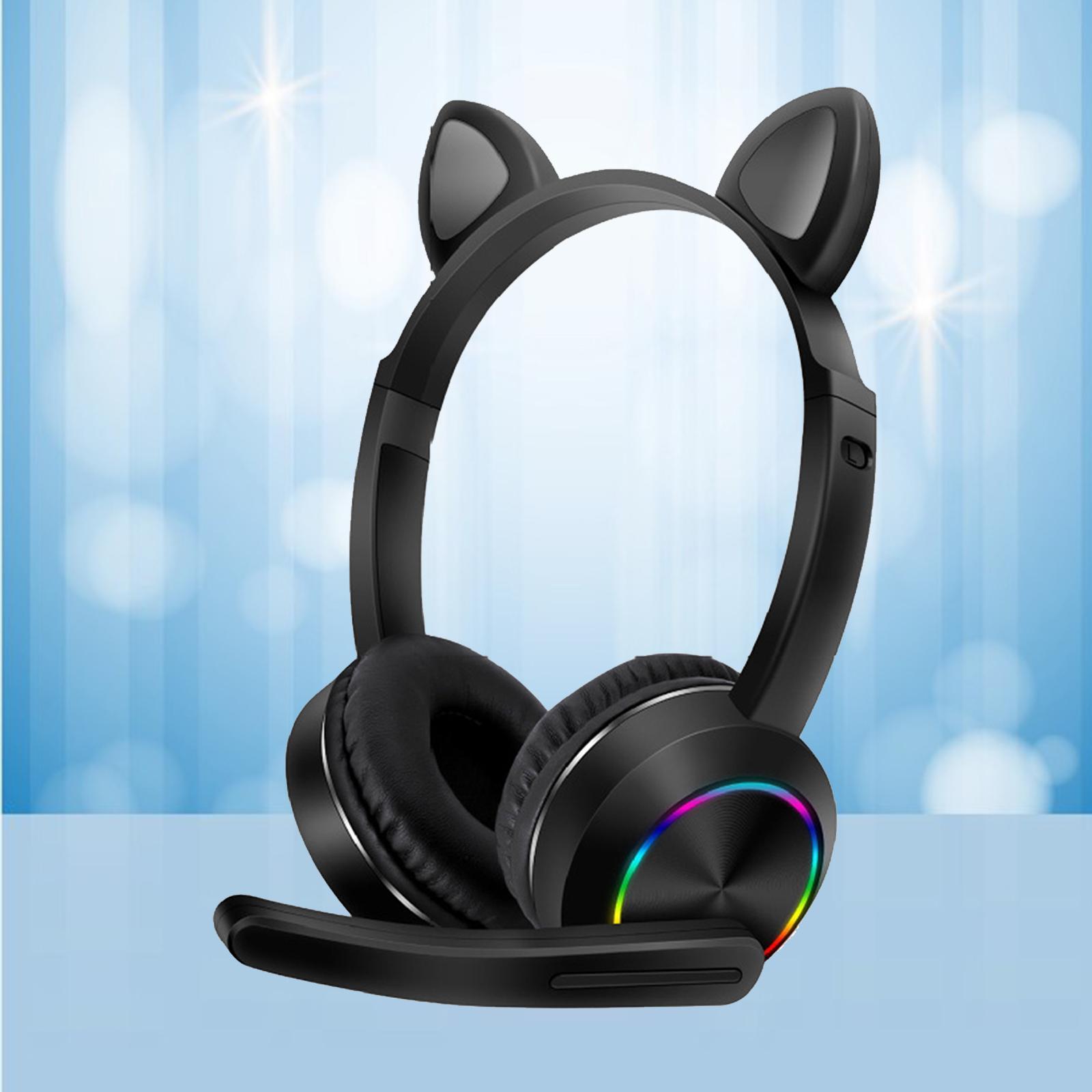 Bluetooth Headphones LED Light up Cat Ear Headset Earphones w/Mic Black