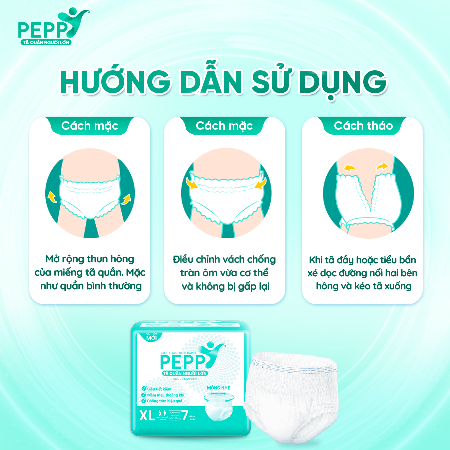 Tã/Bỉm Quần Người Lớn, Người Già Peppy Siêu Mỏng, Siêu Thấm, Mềm Mại, Kháng Khuẩn Size M8/L7/XL7
