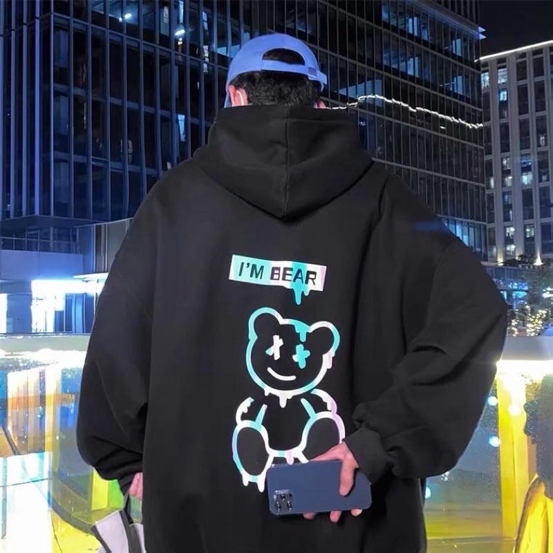 áo hoodie unisex nam nữ hình gấu phản quang có big size vải nỉ bông cao cấp