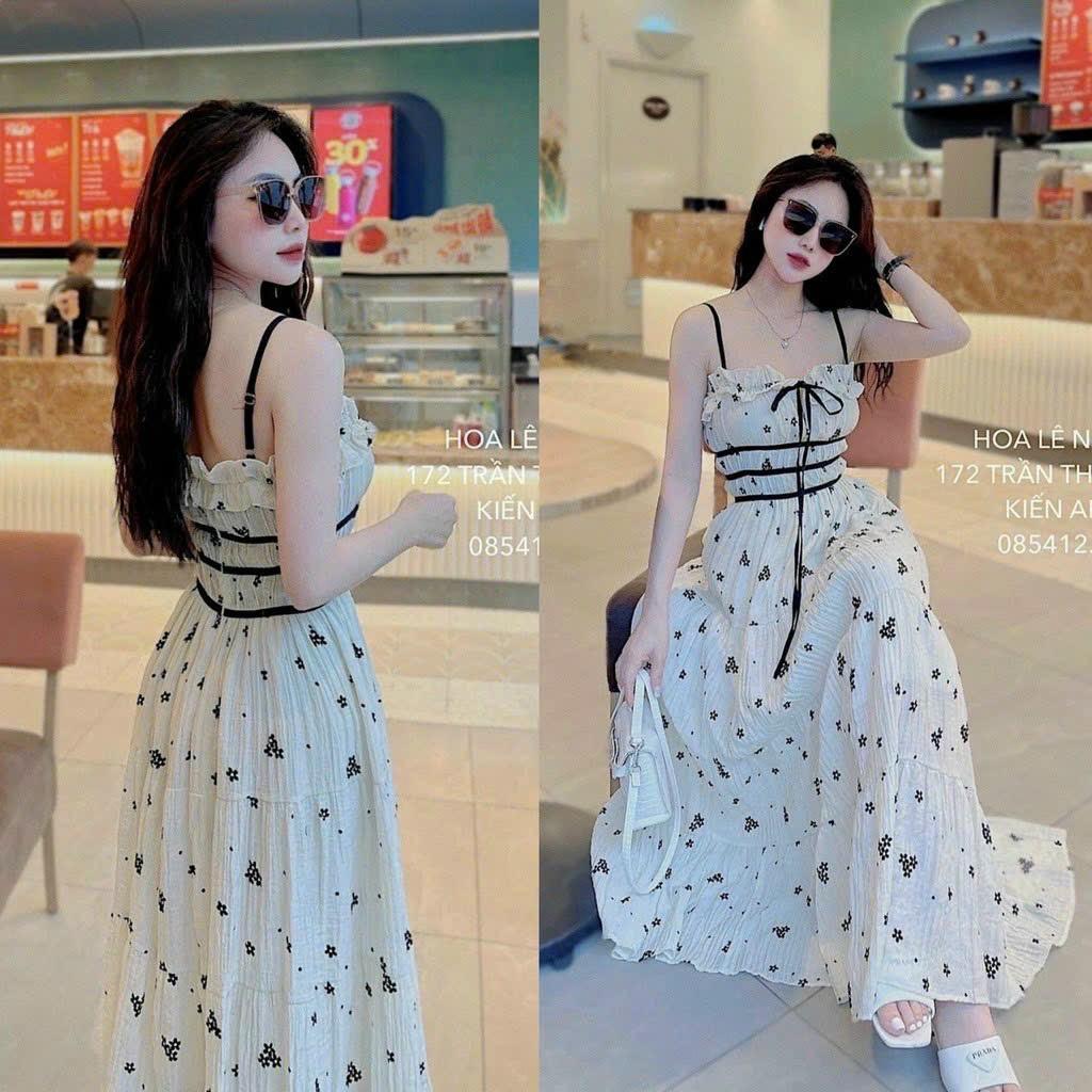 Đầm maxi xốp hoa nhí 2s bèo ngực chạy viền y hình