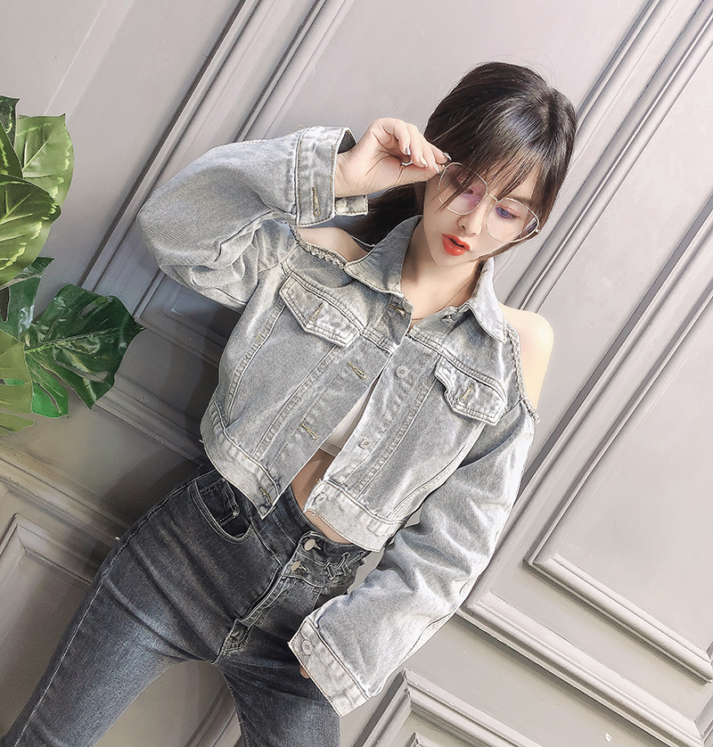 Hàng Quảng Châu - Áo sơ mi jean vai cut-out kết đá sang chảnh - A16263
