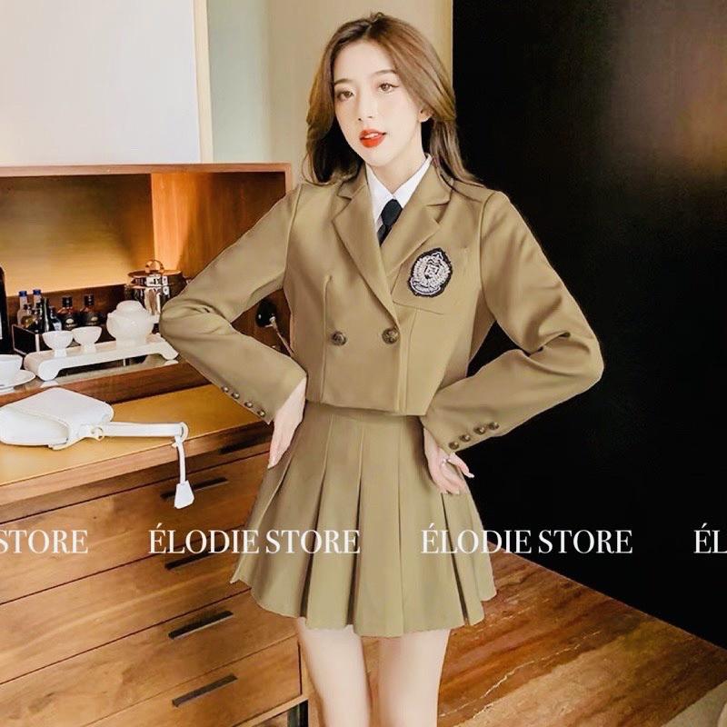 (Clip thật)Set 2 món áo khoác vest kèm chân váy xếp ly học sinh