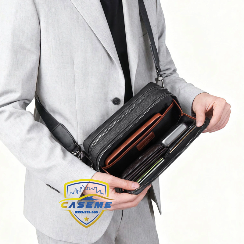 Túi đeo chéo nam WI WU Master da thật khóa vân tay thông minh - Hàng Chính Hãng