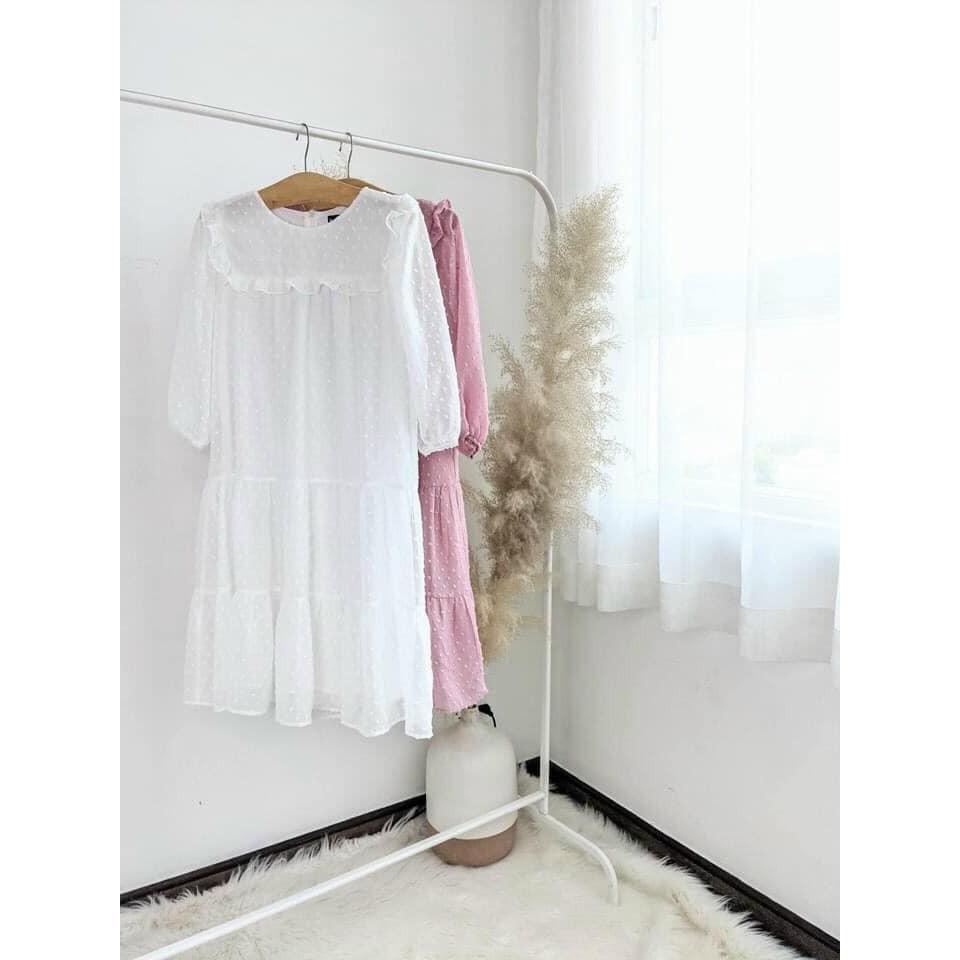 ĐẦM VOAN HỘT TAY LỠ CỔ TRÒN PHỐI BÈO NGỰC DÁNG XÒE BABYDOLL-hình thật shop chụp