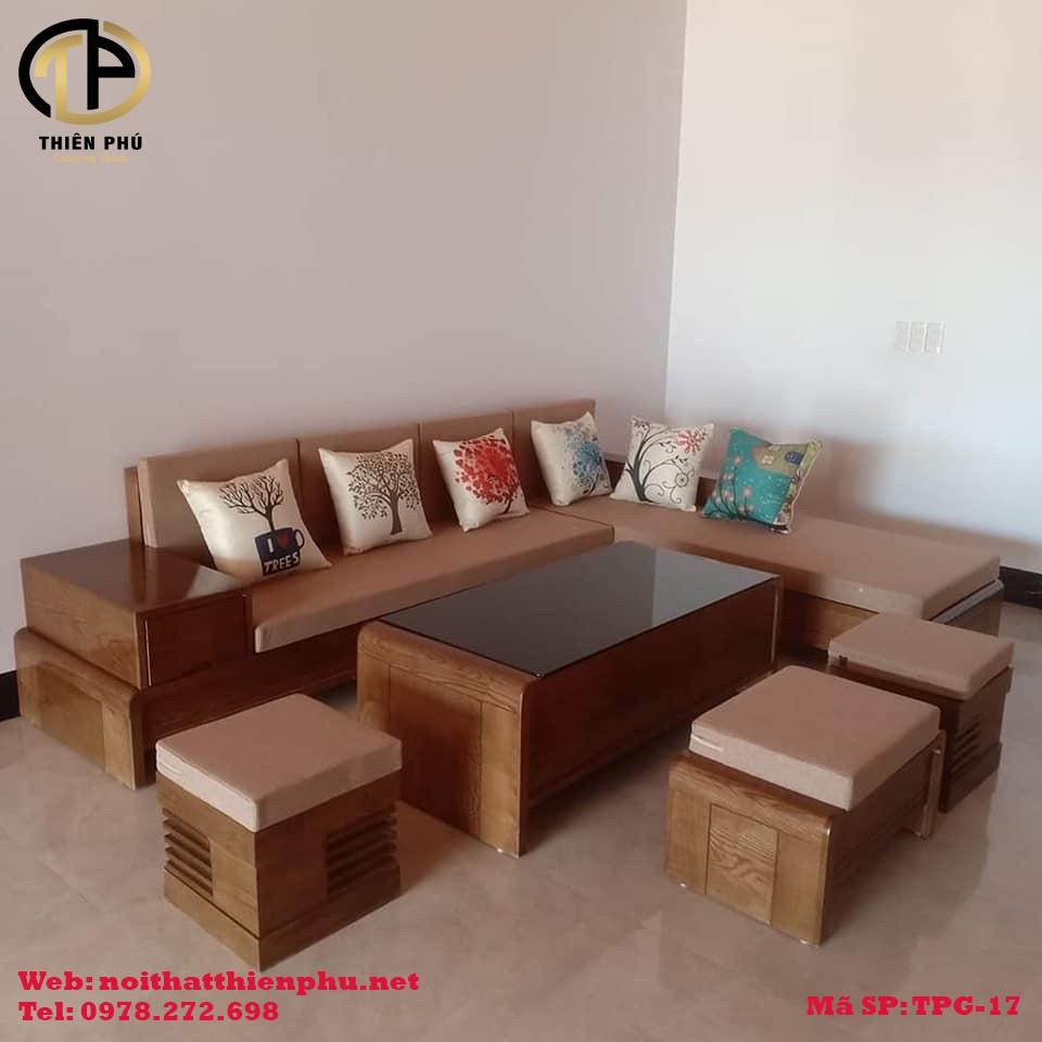 Sofa gỗ sồi chữ L chân cuốn TPG - 17