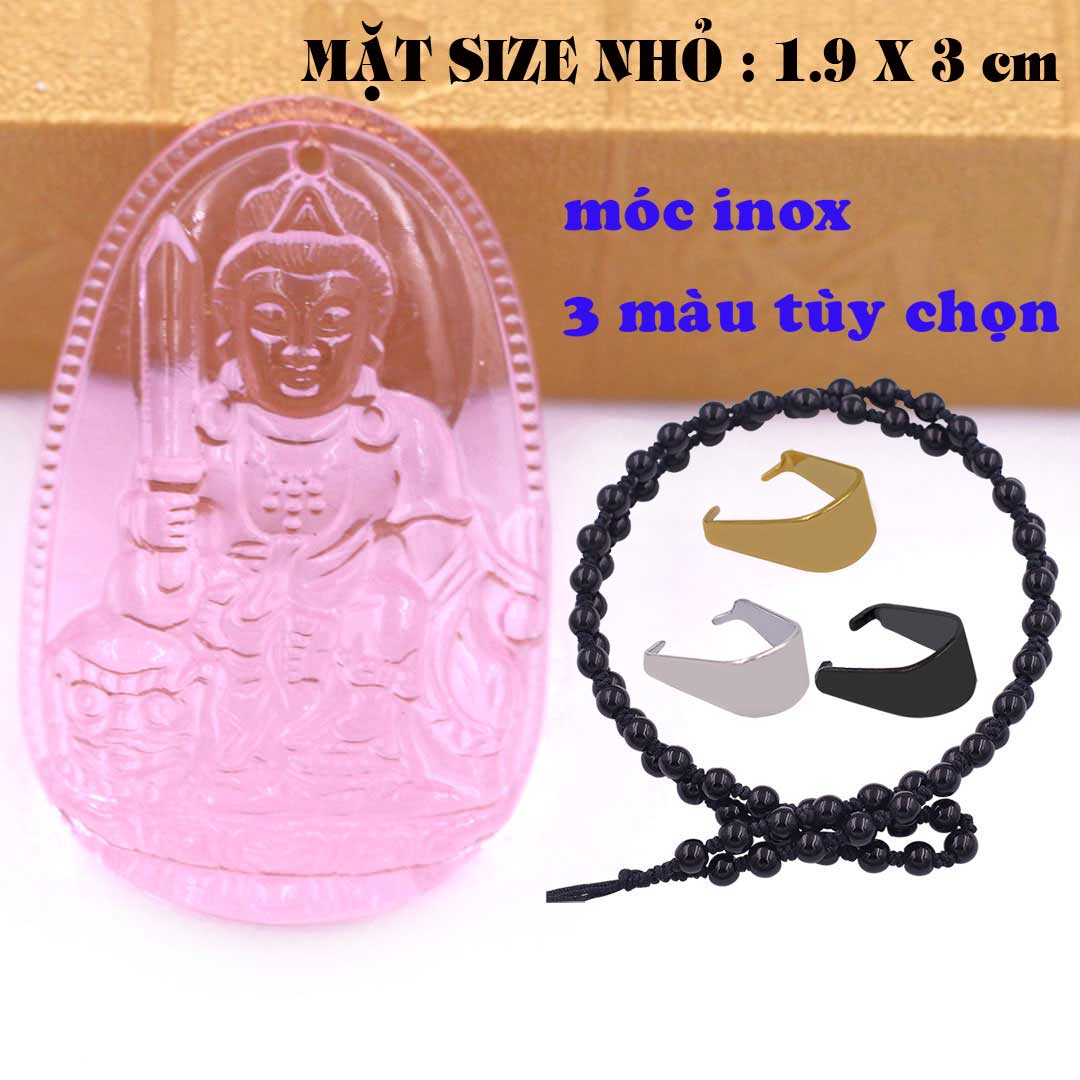 Mặt Phật Văn thù pha lê hồng 1.9cm x 3cm  kèm vòng cổ hạt chuỗi đá đen + móc inox vàng, Phật bản mệnh, mặt dây chuyền