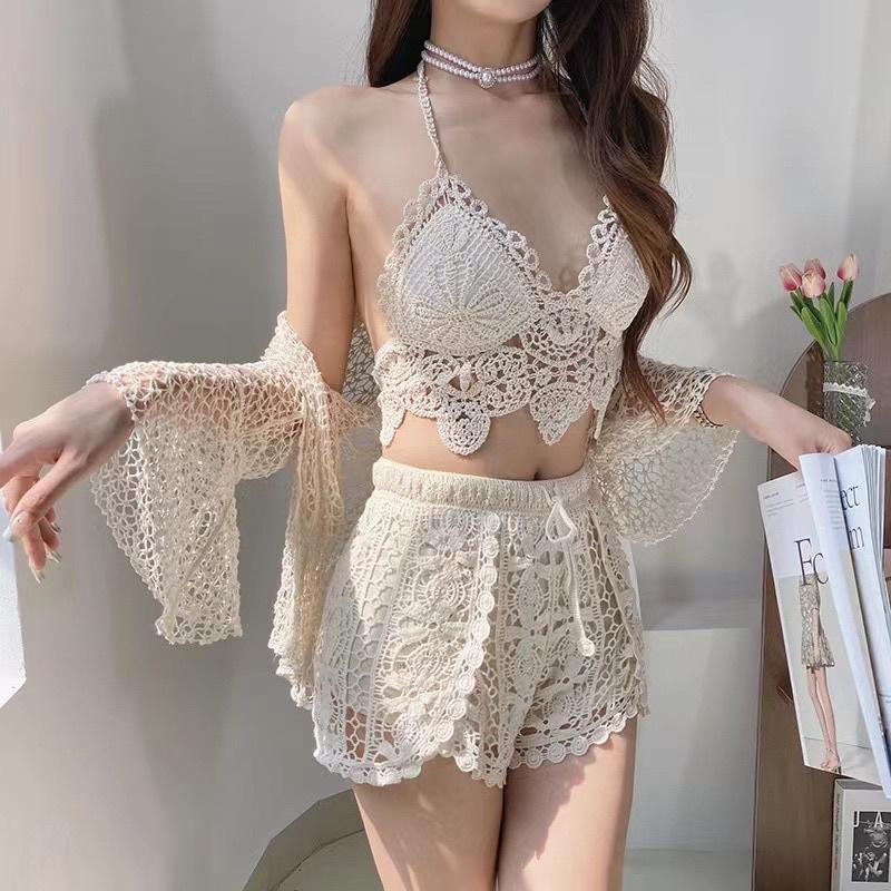 57-Set bikini đi biển 3 món len móc đồ bơi mùa hè 2023