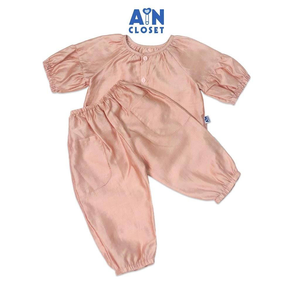 Bộ quần dài áo tay lỡ bé gái họa tiết Kẻ chỉ hồng bóng cotton - AICDBGF1JWHH - AIN Closet