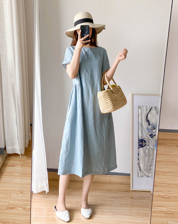 Đầm Linen suông cổ tròn ngắn tay, form suông dài trơn chất liệu linen mềm mát, dễ chịu khi mặc Đũi Việt