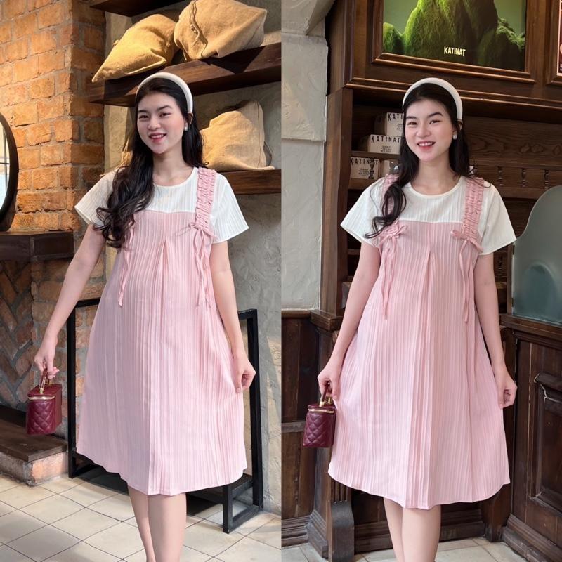 Đầm bầu mùa hè Yếm xinh xắn dễ thương chất xốp Hàn mặc đi làm đi chơi - Hồng