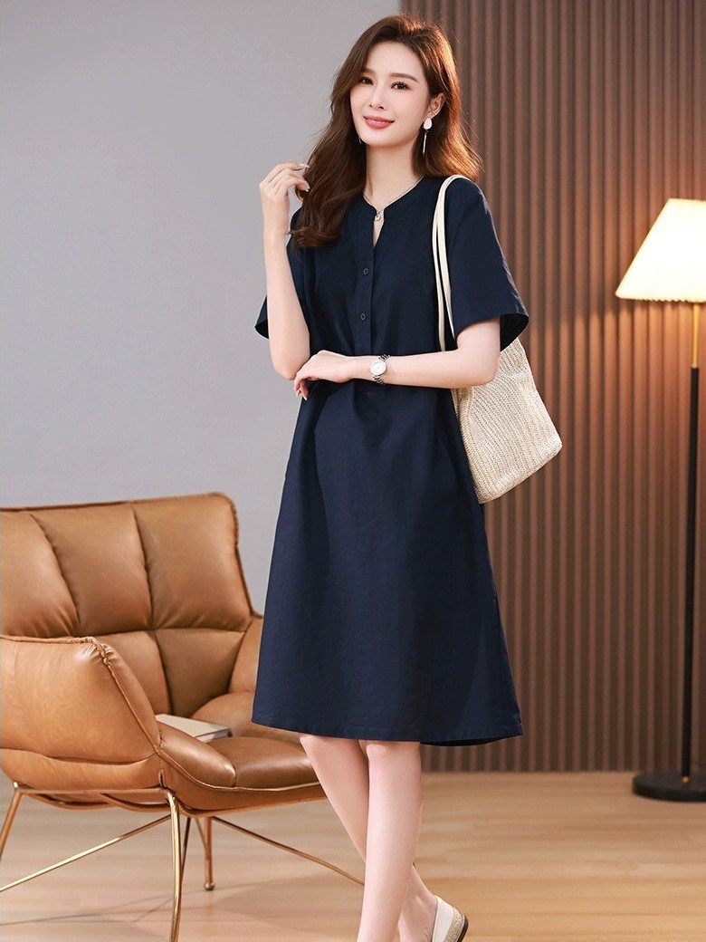 Đầm công sở cổ tàu phối nút, ngắn tay Hàn Quốc nữ trẻ trung, chất liệu Linen mềm mịn cao cấp Haint Boutique