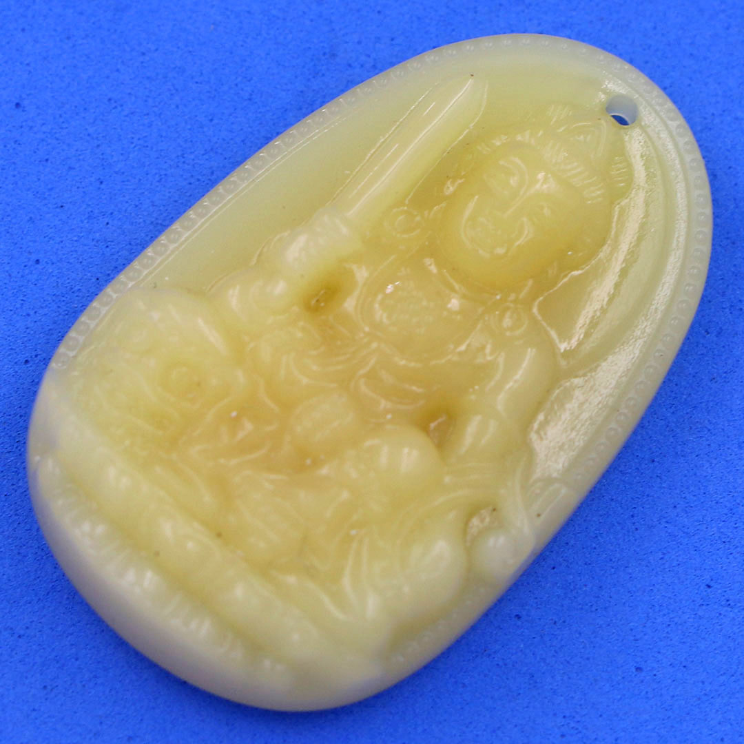 Mặt Phật Văn thù đá thạch anh vàng 4.3 cm kèm móc và dây chuyền inox vàng, Mặt Phật bản mệnh