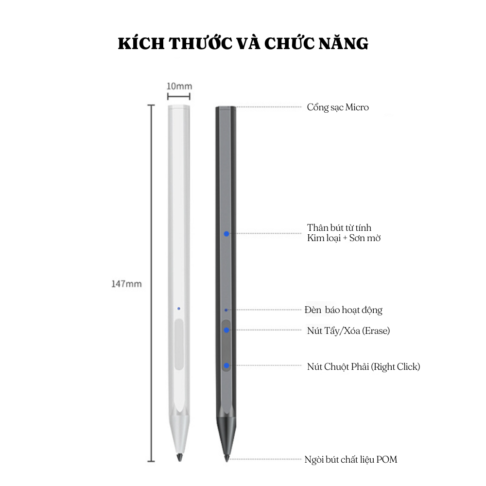 Bút cảm ứng dành cho Surface, Laptop Asus, SONY, HP - Hỗ trợ cảm ứng lực 4096 điểm, chống chạm nhầm trên màn hình