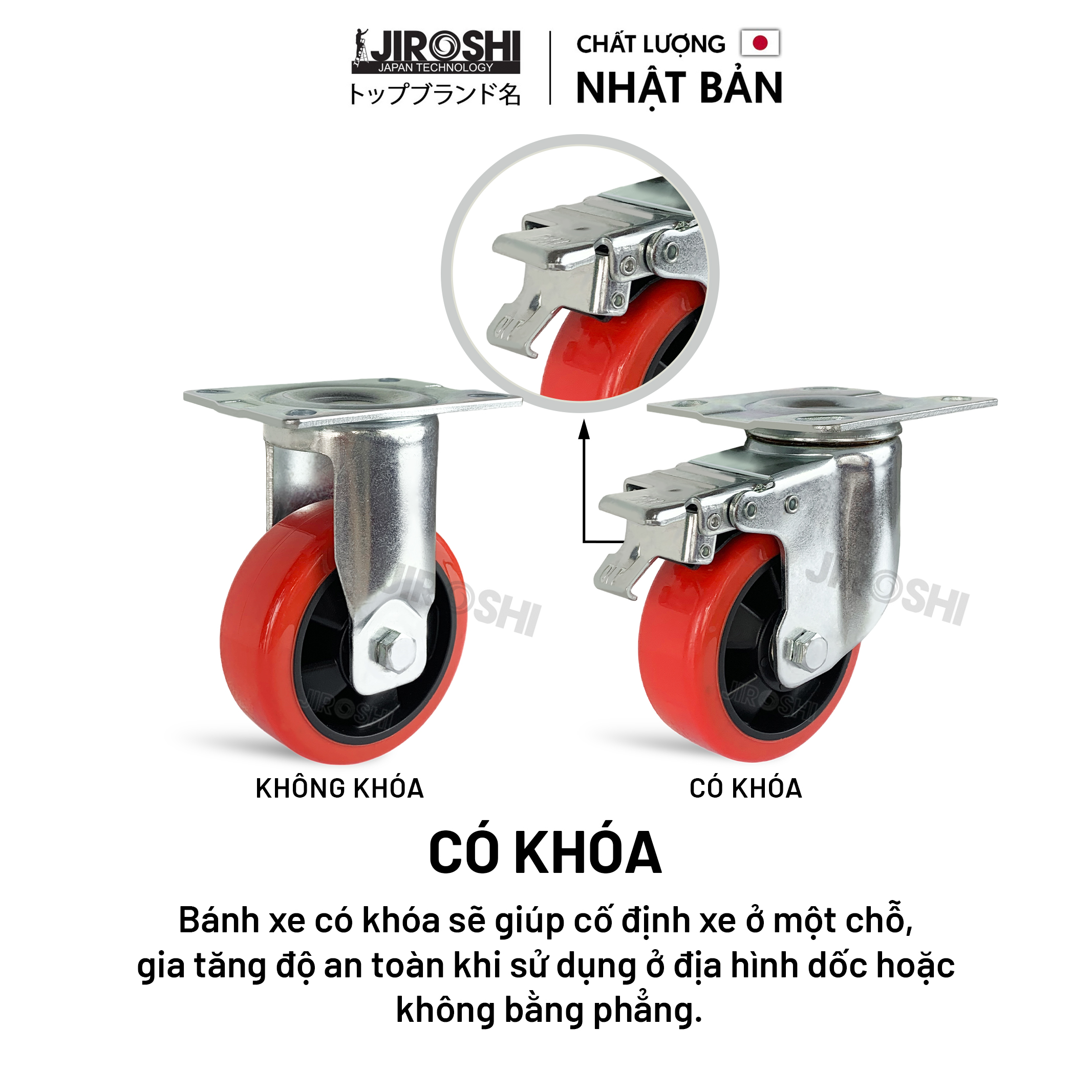 Bánh xe đẩy hàng Nhựa PU có bạc đạn và khóa JIROSHI , Bánh xe chịu tải lớn chống ồn, độ bền cao công nghệ nhật bản