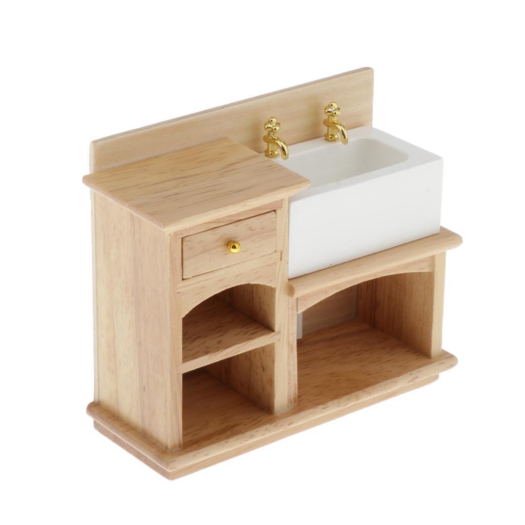2PCS 1/12 Scale Dolls House Wood Wash Basin Cabinet Bathroom Decoration Accessory