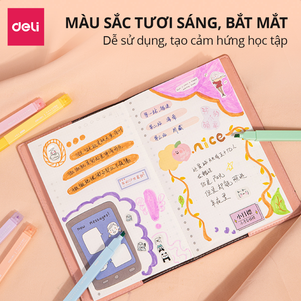 Set 6 bút highlight 2 đầu Bút nhớ dòng Bút đánh dấu màu pastel tươi sáng Deli dạ quang cho học sinh văn phòng tặng sticker