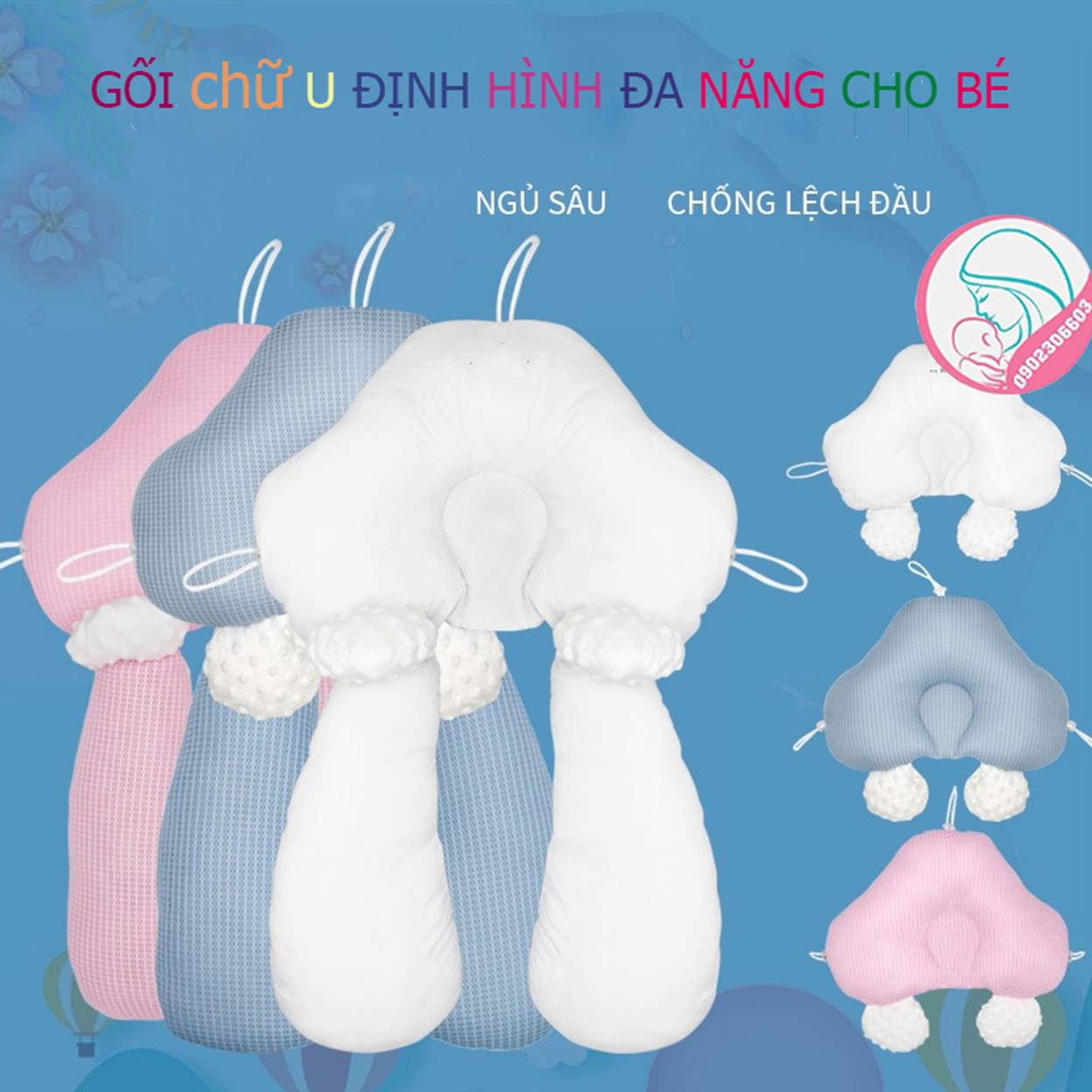 Gối chữ U định hình; Gối đa năng, hạn chế giật mình méo đầu, với dây rút 3 đầu tiện dụng, giúp bé sơ sinh ngủ ngon.