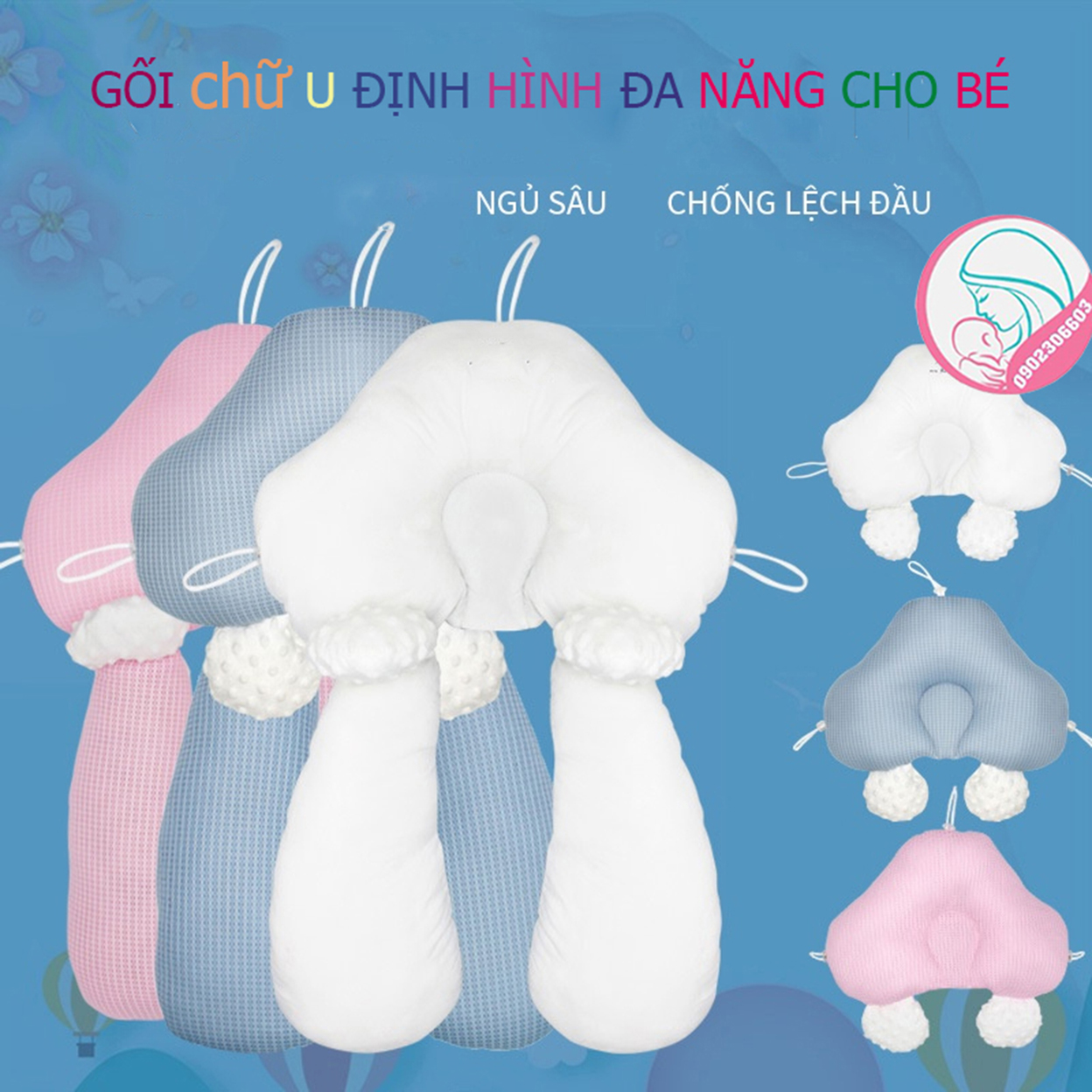 Gối chữ U định hình; Gối đa năng, hạn chế giật mình méo đầu, với dây rút 3 đầu tiện dụng, giúp bé sơ sinh ngủ ngon