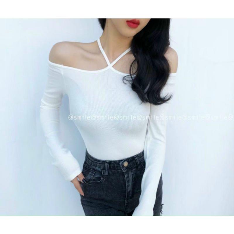 Áo hở vai dài tay cổ choker chất thun tăm đẹp
