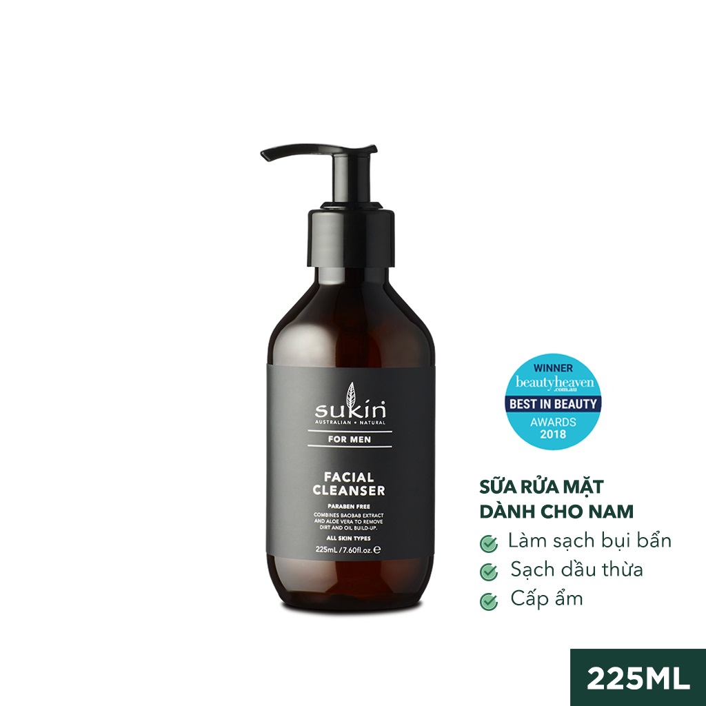 Bộ đôi làm sạch &amp; dưỡng ẩm da cho nam Sukin (Sữa rửa mặt For Men Facial Cleanser 225ml + Kem Dưỡng Ẩm Facial Moisturiser 50ml)