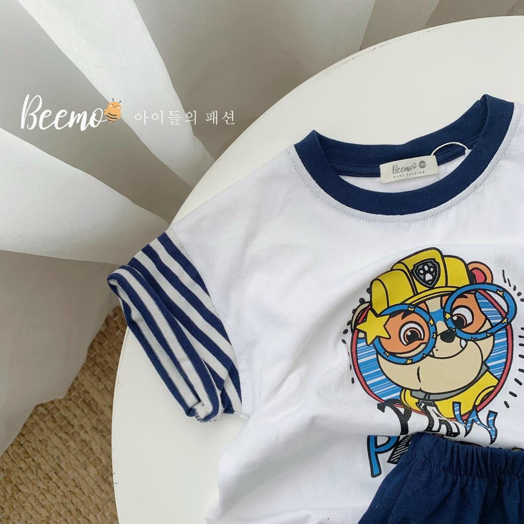 Set áo phông quần ngố bé trai họa tiết phối tay kẻ phong cách Hàn Quốc size 9-23kg
