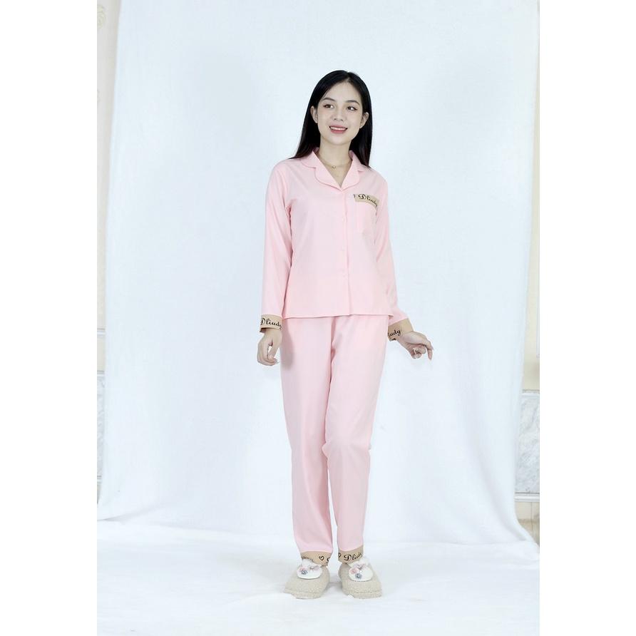 Bộ đồ bộ Pijama MÀU HỒNG PHẤN QUẦN DÀI TAY DÀI PHA CHỮ siêu lụa - Thoải Mái Nhẹ Nhàng co giãn nhẹ