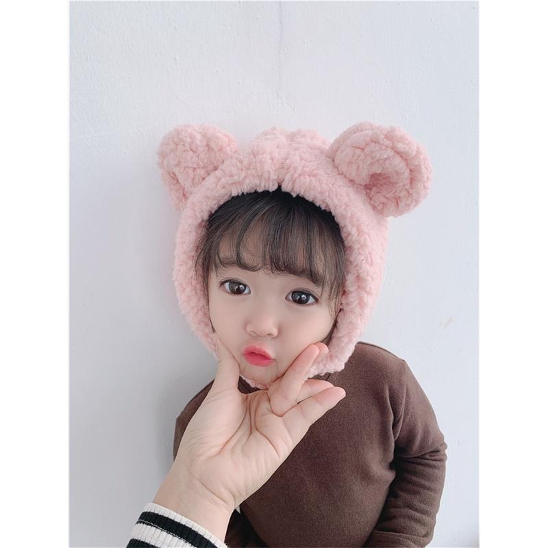 Mũ lông gấu- mũ len lông cừu tai gấu cài cúc kín cổ cho bé