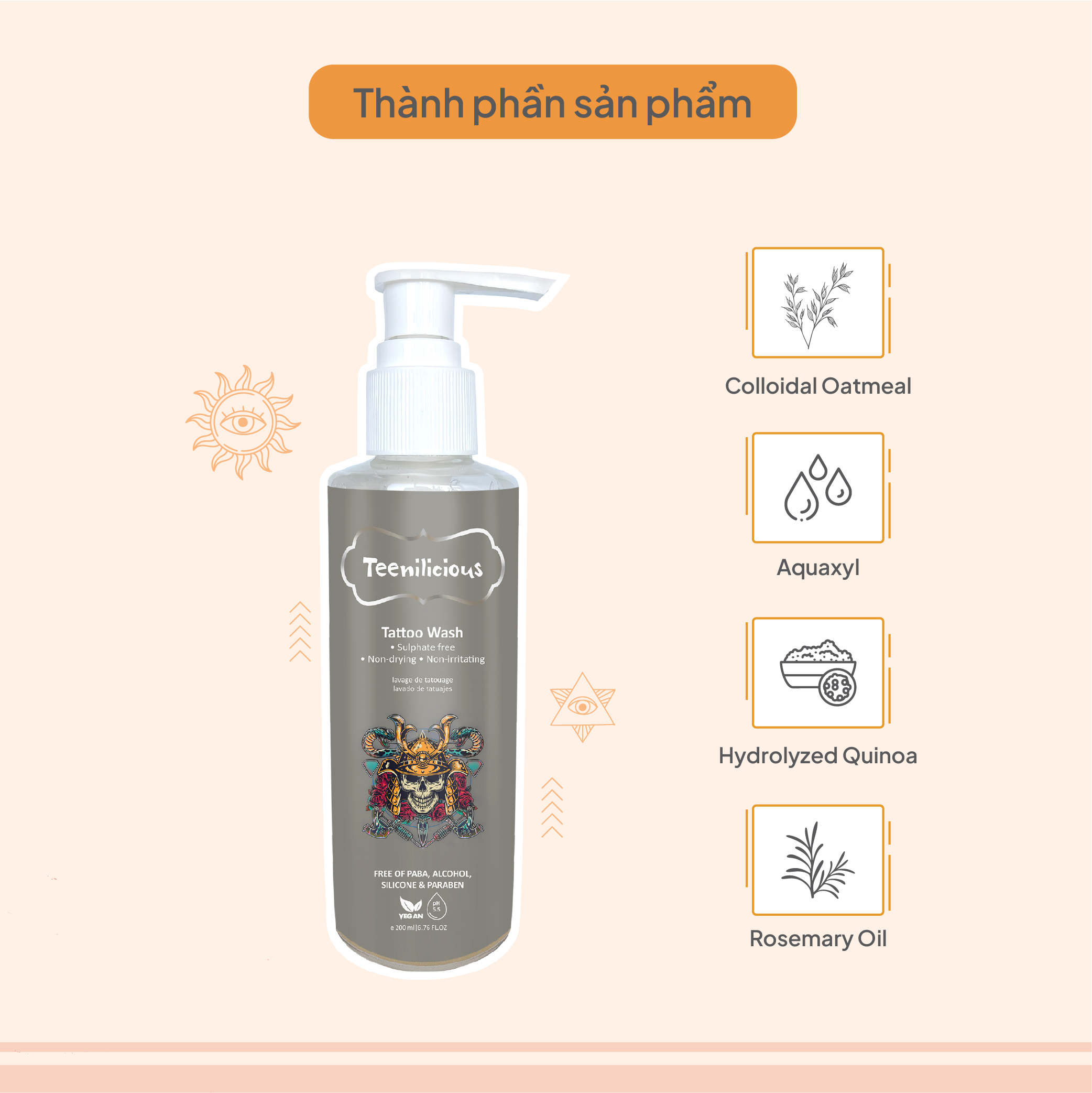 Nước Vệ Sinh Hình Xăm Teenilicious Tattoo Wash Làm Sạch Dịu Nhẹ, Giúp Dưỡng Ẩm Mềm Mịn Da Xăm 200ml