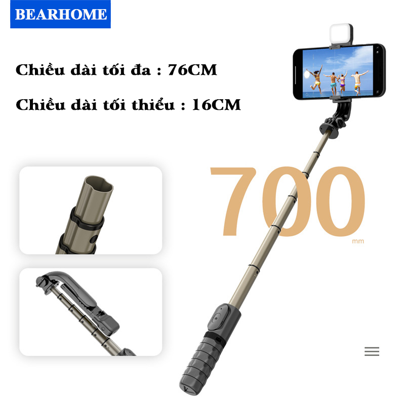 Tripod / Gậy Chụp Hình Bluetooth 3 Chân Bearhome.Có Đèn Led 6 Màu Trợ Sáng. Chất Liệu Cao Cấp, Chắc Chắn