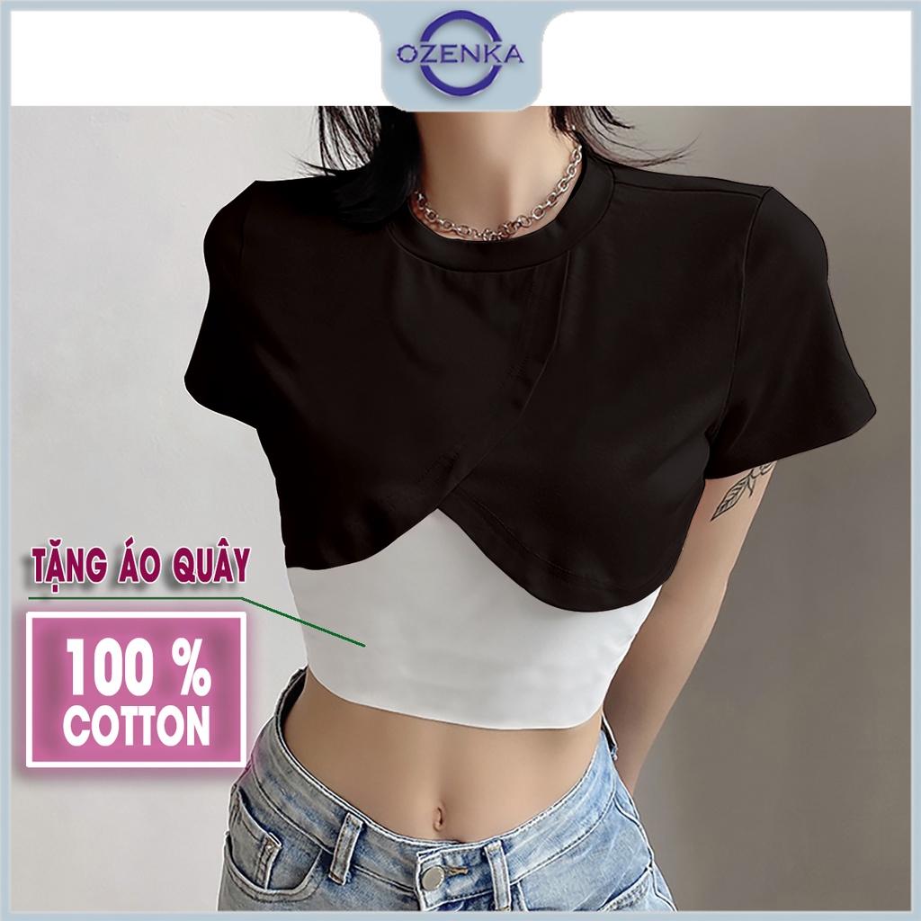 Áo croptop ngắn kiểu đắp chéo cộc tay nữ OZENKA , áo crt gợi cảm ulzzang cotton màu đen trắng dưới 55 cân