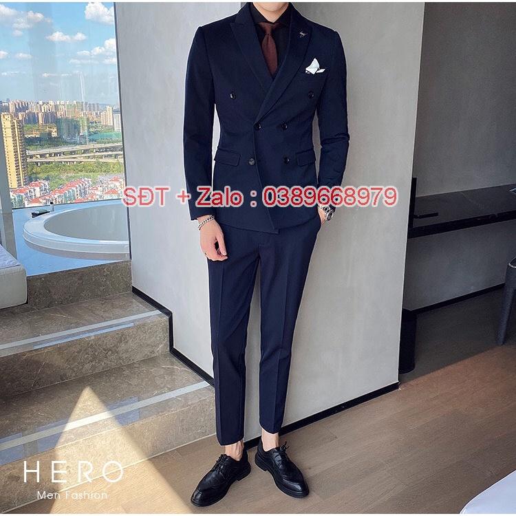 Bộ Vest Nam Cao Cấp 6 cúc Màu Xanh than, Bộ suit Nam 6 Cúc màu Tím than
