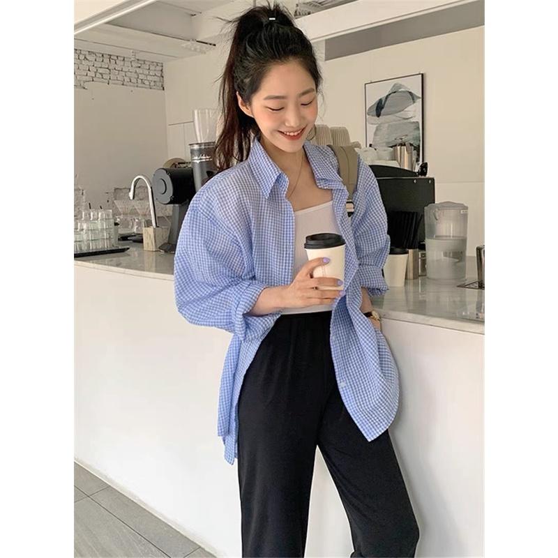 Áo Sơ Mi Nữ Kẻ Đuôi Tôm Vải Xốp Dài Tay Dáng Thụng