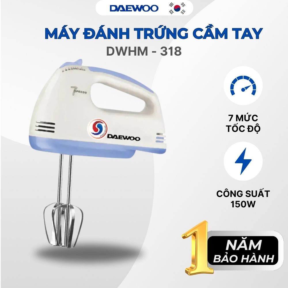 Máy đánh trứng Daewoo DWHM-318 công suất 150w kèm qua đánh inox - Hàng chính hãng